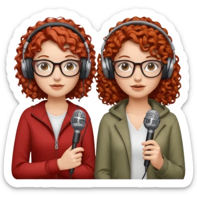 two girls. both white. one with curly red hair and glasses. one with curly brown hair without glasses. there are headphones and microphones for doing a podcast sticker