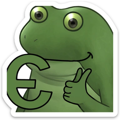 Pepe the frog holding a contemporary logo: a bold 'C' made of four evenly spaced green arcs on a black background, open to the right, modern and fresh. sticker