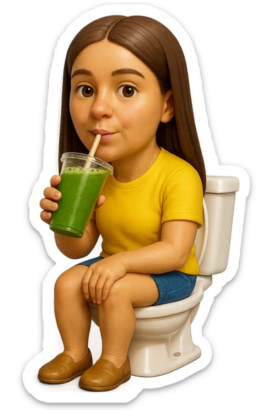 emoji stile iphone di una donna seduta sul wc che beve uno smoothies verde, iperrealistico 4k sticker
