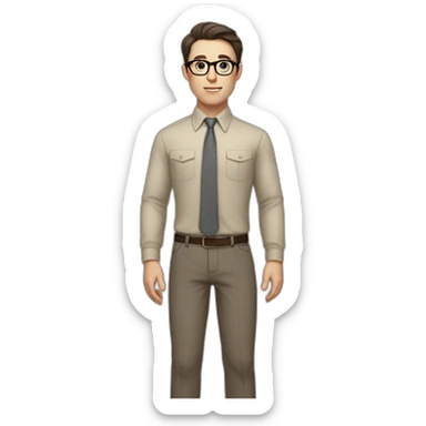 Full height Pale skinned fit man with dark brown hair in gray jacket, beige office shirt, brown tie, brown pants and vintage glasses. His right hand stretched out sticker