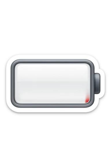 iPhone-style emoji of a battery that is almost empty, with a small red bar at the end indicating low energy. Clean, minimal, glossy look, transparent background. sticker
