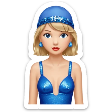 Taylor Swift wearing a blue bathing suit with sparkly sequin straps. She is also wearing a sequin blue swim cap with a sequin strap going under her chin. She has a blue tinsel boa draped over her shoulders. sticker