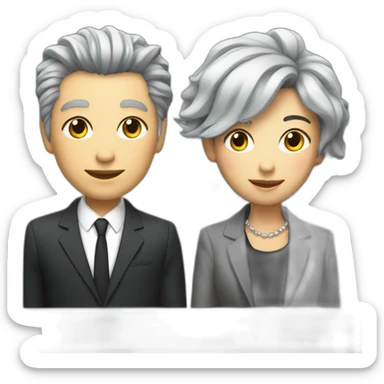 grey-haired, fashionable woman in suit next to punk with mullet, smiling sticker