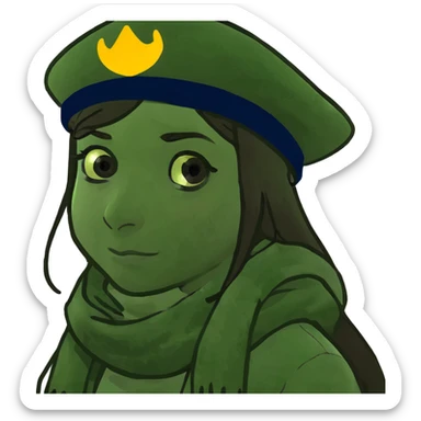 girl with dark brown long hair hazel eyes looking to the left with eyebrows squinted sticker