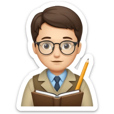 A scholarly explorer with notepad, glasses, and calm analytical demo.
 sticker