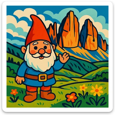 whimsical gnome standing in front of the Tre Cime di Lavaredo mountains in the Dolomites, iconic three peaks in the background, vibrant and playful style sticker
