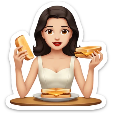 Beautiful woman in 1950’s woman fashion look, white dress, long dark brown hair, grilled cheese sandwiche sticker