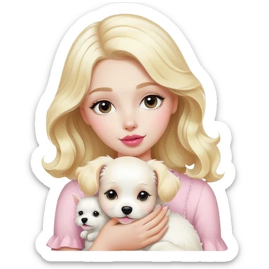 Parisian girl, white skin, blonde hair, natural pink lips, wave hair, holding a white dog sticker
