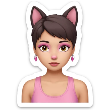 chica morena clara, corte de cabello wolf cut medio, con una blusa de tirantes simple, rosa y coquette sticker