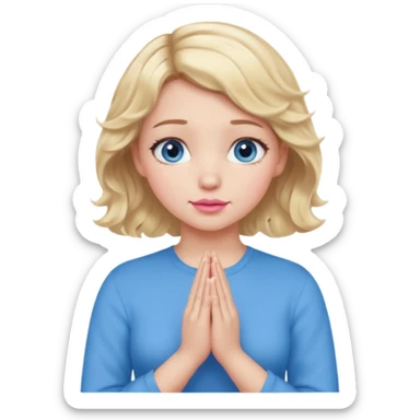 Girl Blonde short wavy hair,  blue eyes, cute blue top, long lashes, pink lips, praying hands sticker