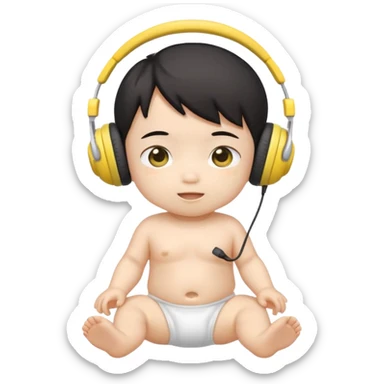 aan asian cute baby in a white diaper and yellow headphones sticker