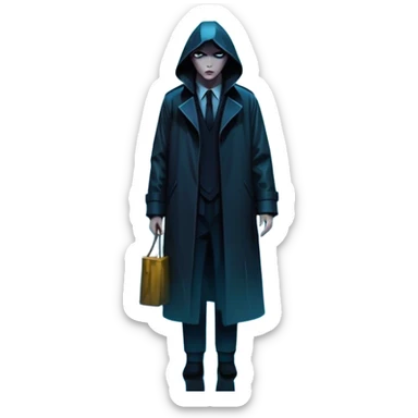 Movie Poster: A tense, gripping design with dramatic lighting. Include a mysterious figure in a dark coat standing in a rain-soaked alley, with glowing neon signs in the background. Shadows loom, and ominous shapes emerge from the mist. Suspenseful and cinematic atmosphere. Transparent background. sticker