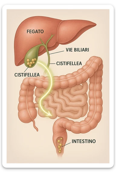A realistic, educational medical illustration showing the human digestive tract focusing on the liver, gallbladder, bile ducts, and intestines. The gallbladder is depicted with small gallstones inside. A soft glowing arrow indicates the flow of bile and small stones moving naturally from the gallbladder through the bile ducts into the intestines. In the colon, small softened gallstones are shown being prepared for elimination, symbolizing their removal through bowel movements. The style is clean, precise, and clear with soft anatomical colors (greens, soft reds, and yellows) and faint glowing arrows to illustrate the process. The background is a subtle neutral gradient to keep the focus on the organs and the pathway. The image conveys the concept of natural gallstone elimination through the intestines via the stool in a clear, non-graphic, and educational way in italiano sticker