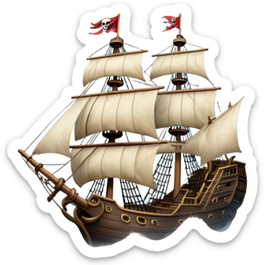 An icon representing an adventure game, inspired by high-seas exploration. The design features a fearless pirate gripping the wheel of a grand sailing ship, its tattered Jolly Roger flag billowing as it cuts through stormy waters. The scene evokes danger, treasure, and the thrill of the open sea. Transparent background. sticker