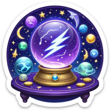 A mystical, glowing crystal ball with swirling sparkles and lightning bolts inside, with tarot cards spread out on the table around the ball, surrounded by zodiac signs and planets floating in space. Use bright purples, blues, and golds to create a magical, mysterious vibe. transparent background.  sticker