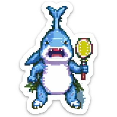 a pixel art shark with tennis shoes, standing upright sticker