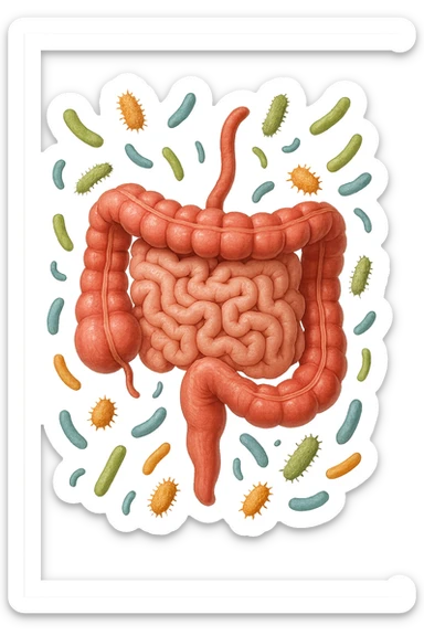 intestino umano anatomico con qualche batterio intestinale che gli fluttua intorno, ISOLATO SU SFONDO BIANCO sticker
