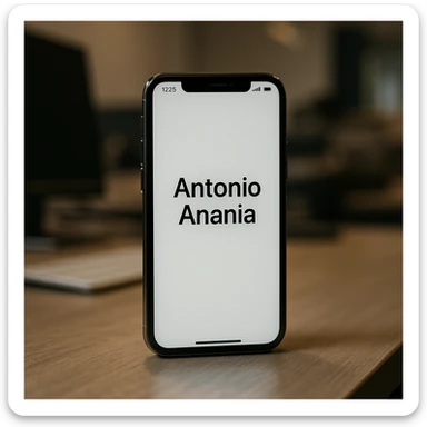 A photo of an iPhone with the message "Antonio Anania" on its screen, The phone sits atop a desk with a blurred background that suggests work environment. A faint glow from above casts gentle shadows across the surface of each object, creating depth and highlighting their textures. sticker