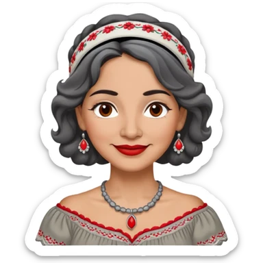 Latina woman, 50 years old, warm light brown skin, round face, wavy black and gray hair, red and white headband, medium eyes, thin eyebrows, kind smile, gray peasant blouse, embroidery, bare shoulders, large dark necklace sticker
