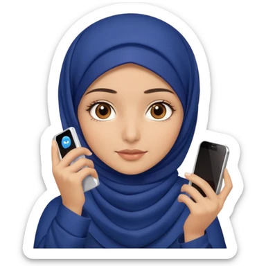 Turkish beautiful finish Konya girl brown eyes with indigo hijab islamic dress and had on her hand phone and makes photo sticker