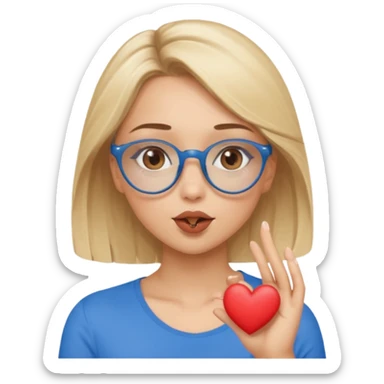 Asthectic Blonde women with brown eyes, blue glasses, waering a brown top, blowing a kiss with a small heart around her. sticker