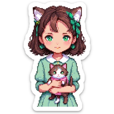 character with dark brown hair clipped back with a hairpin, sweet eyes, pink clothing, holding a cat sticker