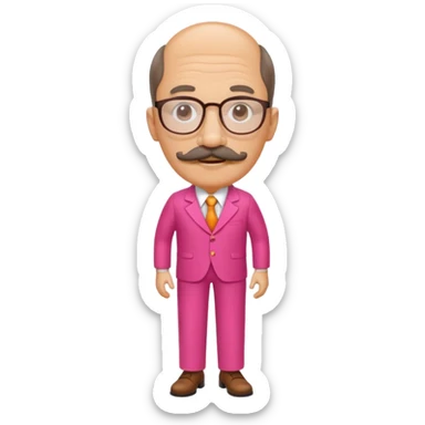 A tall figure with a thick mustache and oval glasses, with a large head, who always wears a bright pink dress with orange pants. sticker