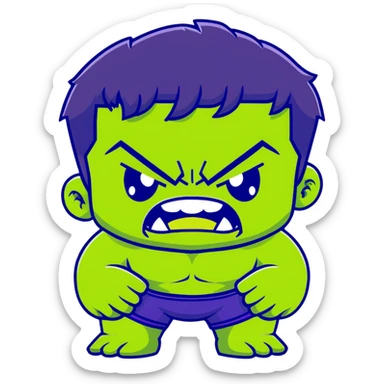 Chibi Hulk, cute small proportions, big head, tiny body, adorable angry expression, green skin, purple shorts sticker