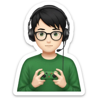 
gamer, Gorgeous green sweater black hair anime style shojo guy glasses, headphone, gamepad sticker