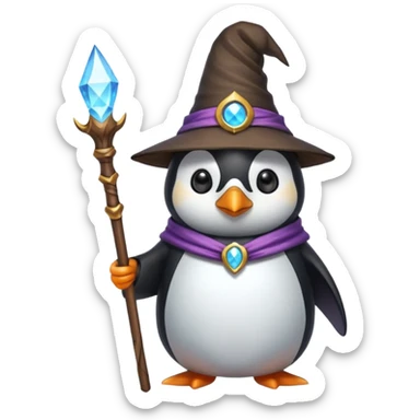 penguin wizard holding a staff wearing a pointed hat magical sticker