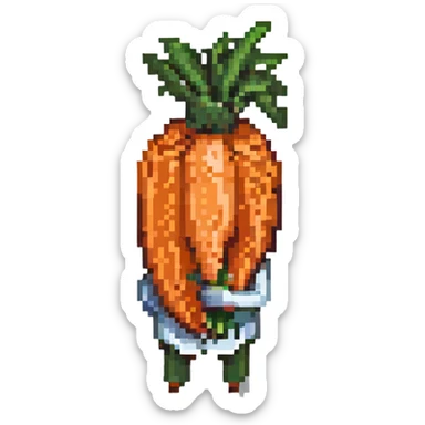 A person from the Roblox game Grow a Garden, who is a seller holding a carrot sticker