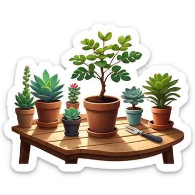 Close-up of a potted sapling in rich soil surrounded by vibrant plants and succulents. Bright sunlight filters through the window, casting soft shadows. Nearby gardening tools rest on a wooden table. Cozy indoor atmosphere with greenery and flowers. sticker