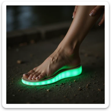 realistic style woman in relaxed position, orthopedic insole in shoe, foot with glowing green halo, satisfied smile, natural environment sticker