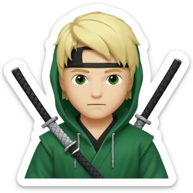 Green ninja Lloyd garmadon blonde hair, kaptur hoody on his head but blonde grzywka visible; the bottom left one is best (the one without miecze + black band + no mask of face) but add miecz sticker