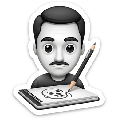 Create an icon representing the process of creating a black-and-white caricature. Include a pencil, a sketchpad with a humorous, exaggerated figure, and inking tools. Use bold lines and shading, with a transparent background. sticker