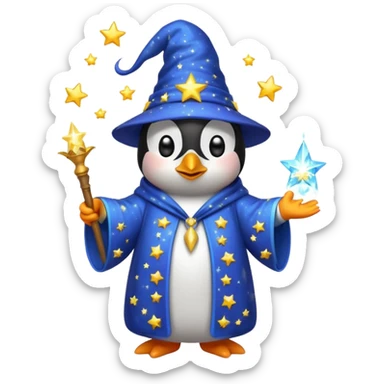penguin wizard casting a sparkling spell wearing a starry robe and hat, emoji style sticker