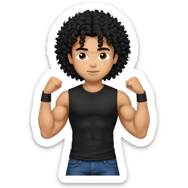 a pretty bratz guy with curly black hair with big muscles and shaggy hair in a tight black tee sticker