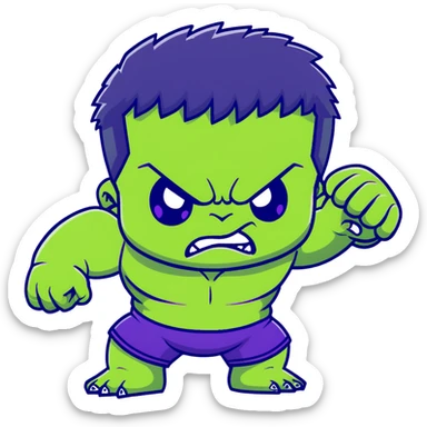 Chibi Hulk, cute small proportions, big head, tiny body, adorable angry expression, green skin, purple shorts sticker