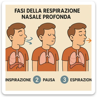animated educational diagram showing sequence of deep nasal breathing phases (inhalation, pause, exhalation) with numbered steps, caption in Italian sticker