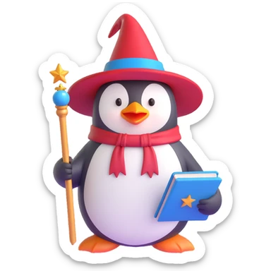 ios 3D style emoji of a penguin wizard with a red hat and wand, holding a magic book sticker