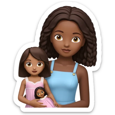 Boneca digital em estilo 3D realista e fofo, semelhante a uma boneca colecionável. Mulher jovem com pele negra, olhos castanhos escuros, cabelo liso cor chocolate, longo e bem alinhado.  sticker