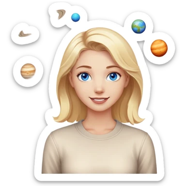 A blonde with blue eyes and a friendly smile stands while the planets spin sticker