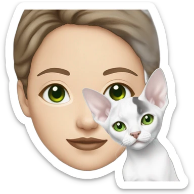 White brunette woman with green eyes holding slim white devon rex with light blue eyes sticker
