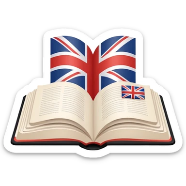 Minimalistic flat vector icon, iOS style, thin black contour on white background. Open book with a small UK/USA flag symbol. No text, no shadows. sticker