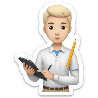intern or volunteer holding a clipboard and pencil, ready to take notes or assist. The character wears a simple shirt and has an eager posture sticker