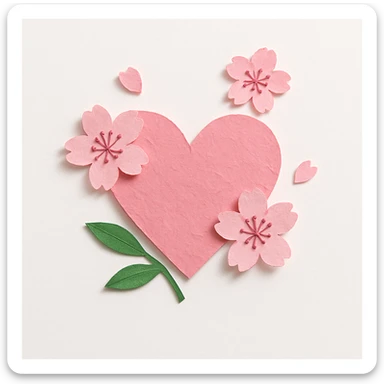 pink heart with sakura flowers, paper craft style sticker