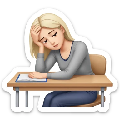Tired woman leaning head on one hand, elbow on desk sticker