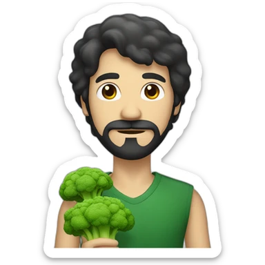 a slender mexican man with dark hair and light beard holding a broccoli sticker