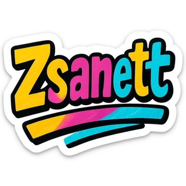 Zsanett name in modern colorful gradient font with dark outline, dynamic slanted or partial underline, in the style of reference patterns, transparent background sticker
