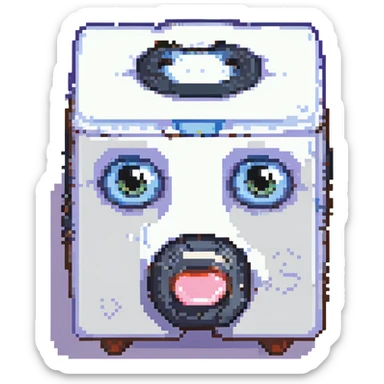 cube with expressive eyes and mouth, reminiscent of retro video games, bold outlines sticker